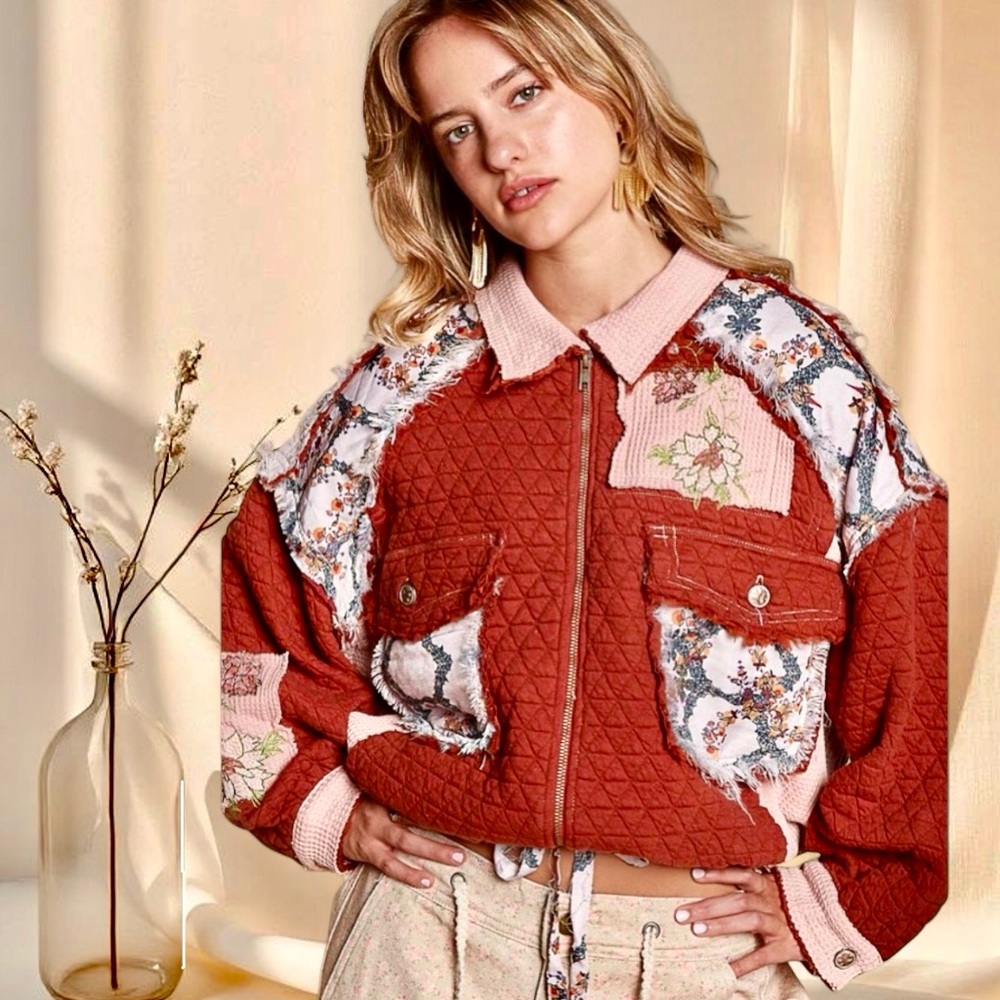POL Quilted Patchwork Jacket Burgundy Floral Boho Cottagecore Zip Jacket - Picture 4 of 9